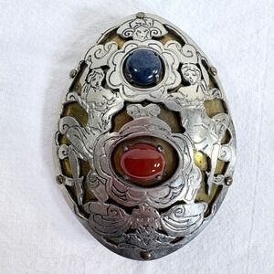 VTG Handmade Medieval Mixed Metal Cloak Pin Brooch Lapis Lazuli Carnelian Nymphs